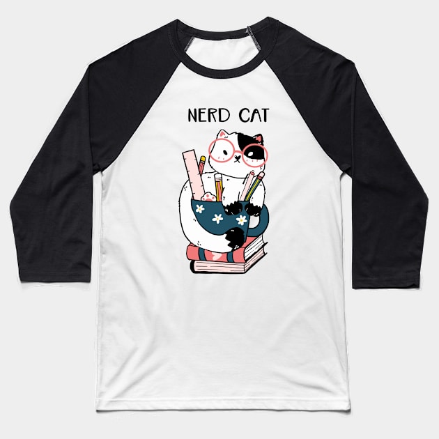 Nerd cat hand drawn Baseball T-Shirt by Mako Design 